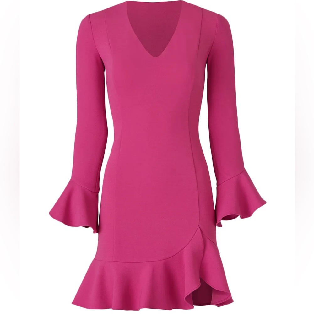 DONNA MORGAN ‘Pink Haven’ Pink V-neck Long-Sleeve Ruffle&Hem Sheath Dress Sz 10